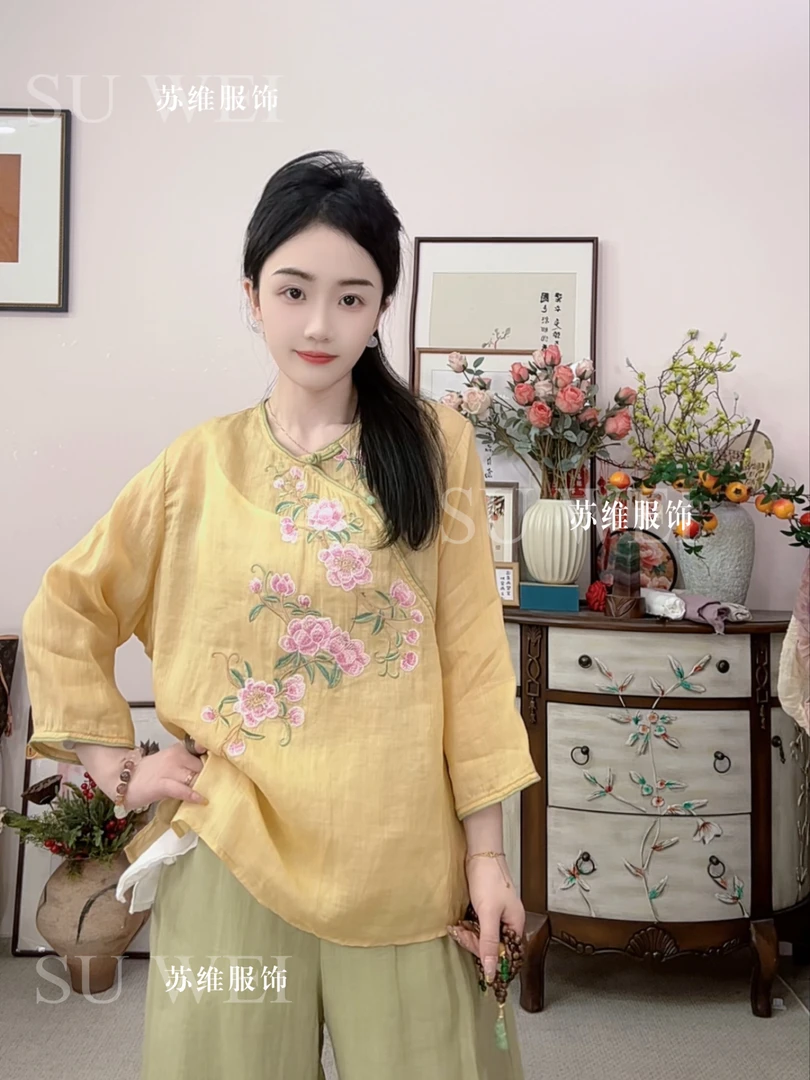 6918新中式苎麻刺绣短袖上衣复古立领斜襟设计女衬衫