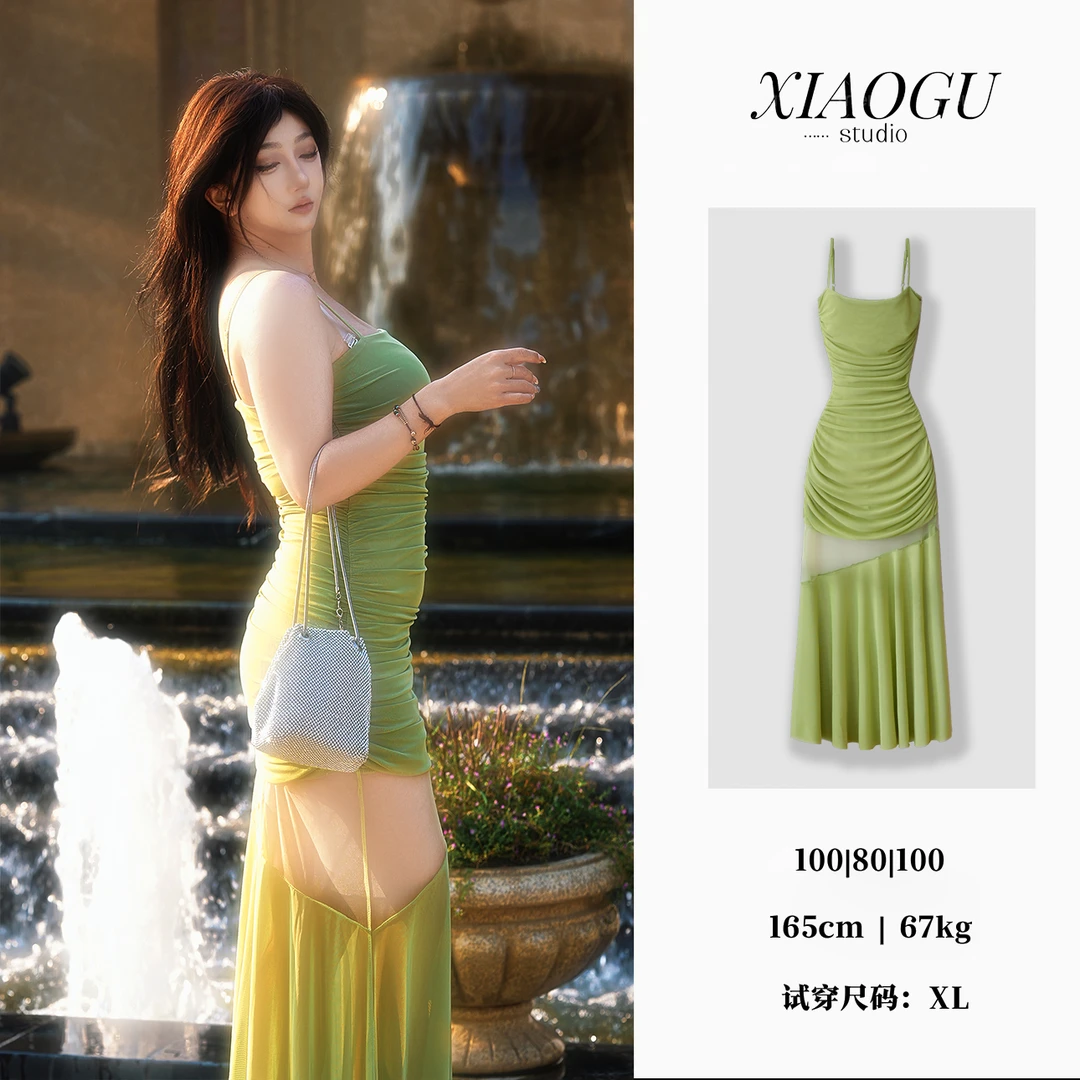 【梦幻花园】春夏微胖大码性感辣妹吊带收腰显瘦披肩吊带连衣裙5966