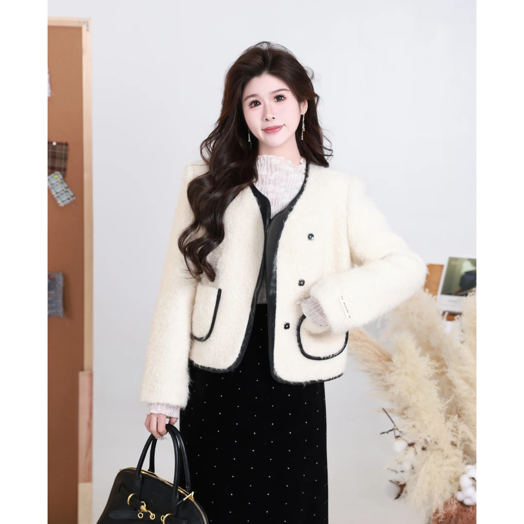 QC李潇洒微胖大码秋冬新款气质名媛风羊毛混纺短款小香风外套