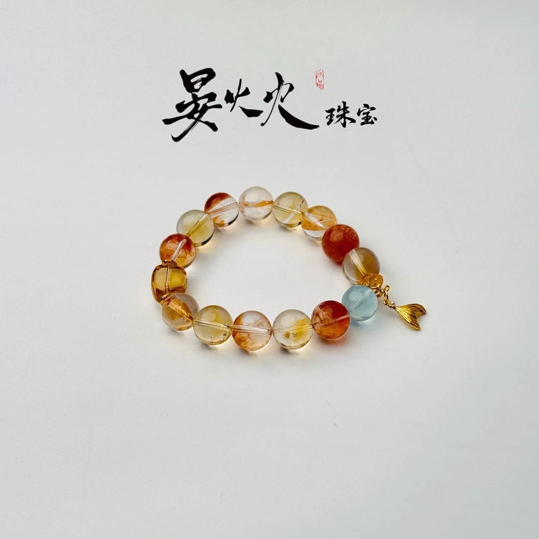 晏火火【锦鲤附体】天然锦鲤胶花+黄水晶+金太阳+925银手串