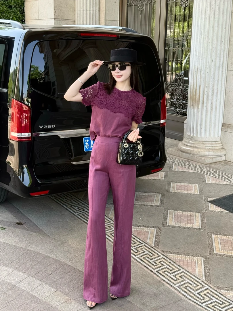 【紫藤花园】蕾丝衫时尚镂空短款上衣时尚气质女士休闲套直筒裤套装