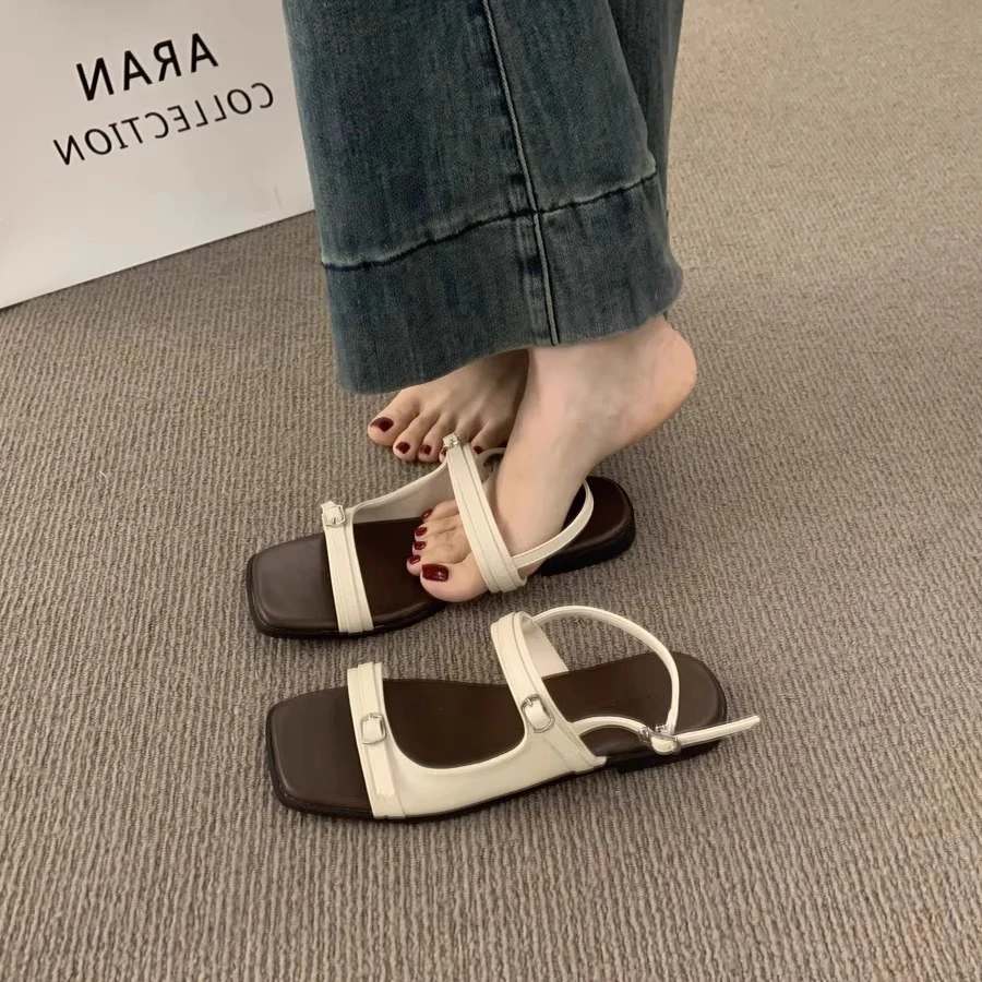 韩国设计师款露趾方头一字扣带平底凉鞋女夏季网红超火沙滩罗马鞋