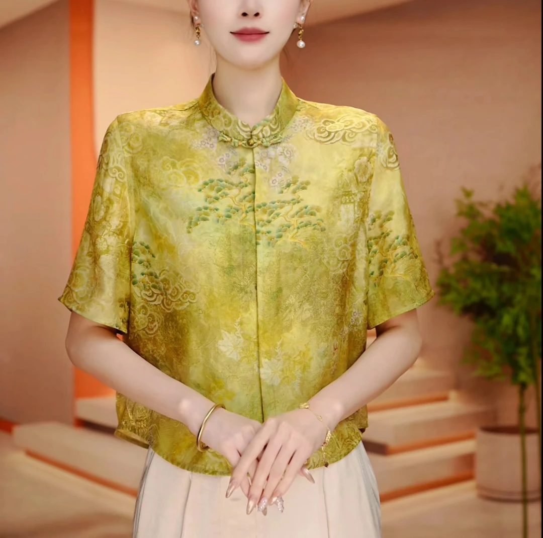 夏季新品提花印染中国风复古新中式网红上衣显瘦百搭遮肉减龄女装