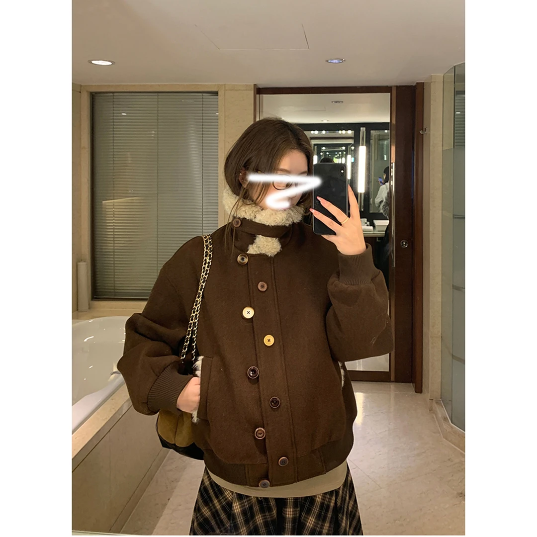 【冬上新】冬季韩版摇粒绒毛领短外套女保暖百搭复古宽松加厚毛呢女