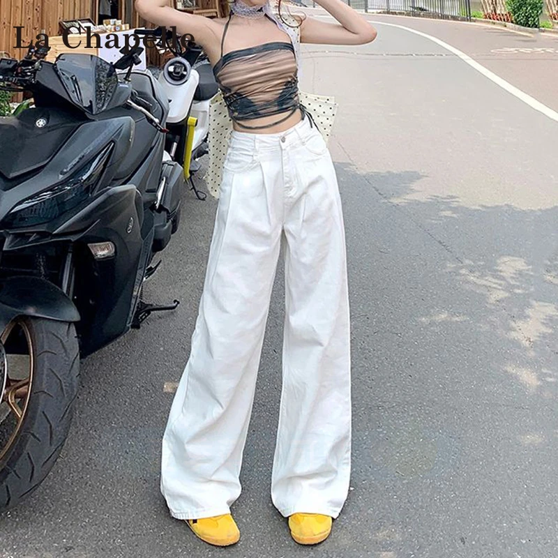 拉夏贝尔白色高腰阔腿牛仔裤女2025秋季梨形身材纯欲#双11好物