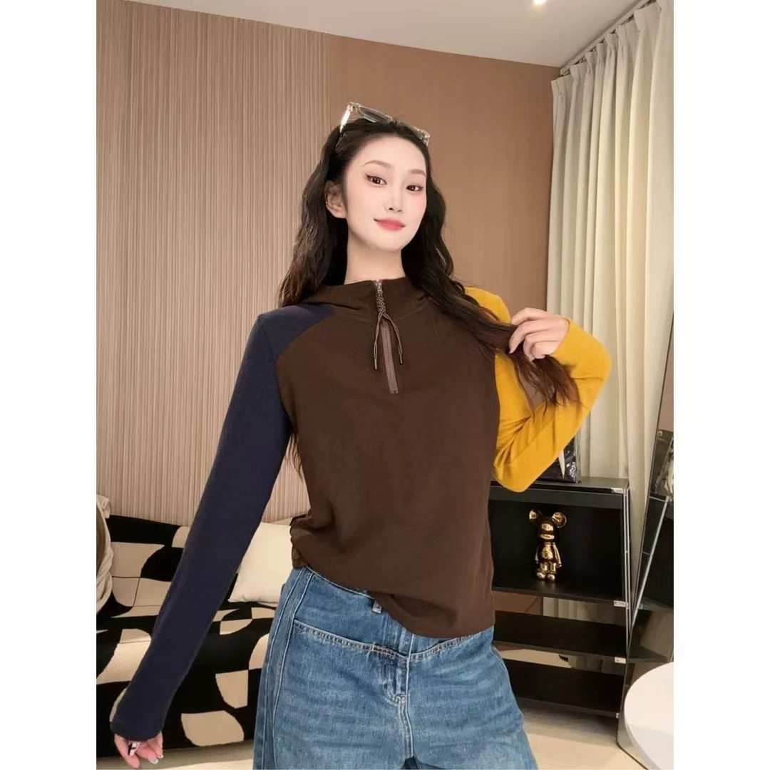 ANGEL HUE-早秋新颖氛围配色减龄显瘦连帽长袖T恤1055