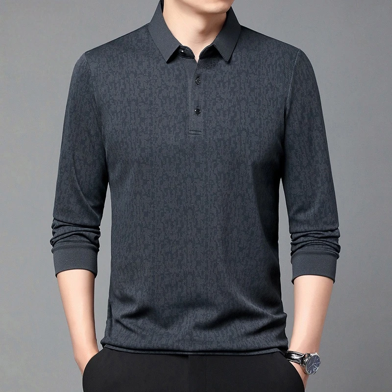常规长袖秋季宽松翻领纯色Polo衫春秋商务休闲公务员轻奢痞帅男装