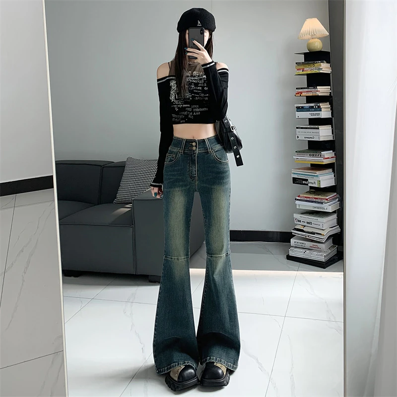 亦声高弹双扣复古高腰超显瘦喇叭牛仔裤女秋新马蹄长裤TY190