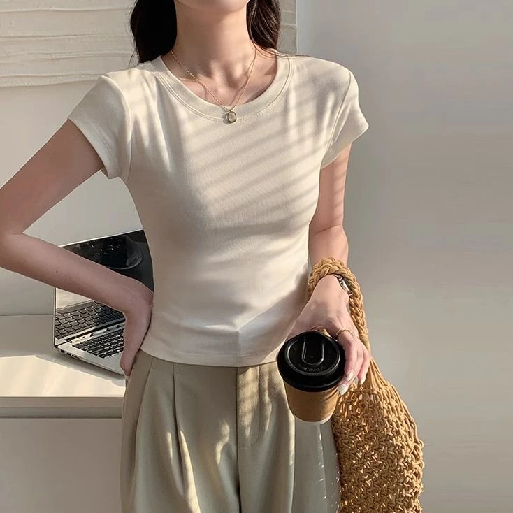 2025打底衫瘦瘦T显瘦紧身上衣圆领休闲轻薄透气小众女装内搭白色