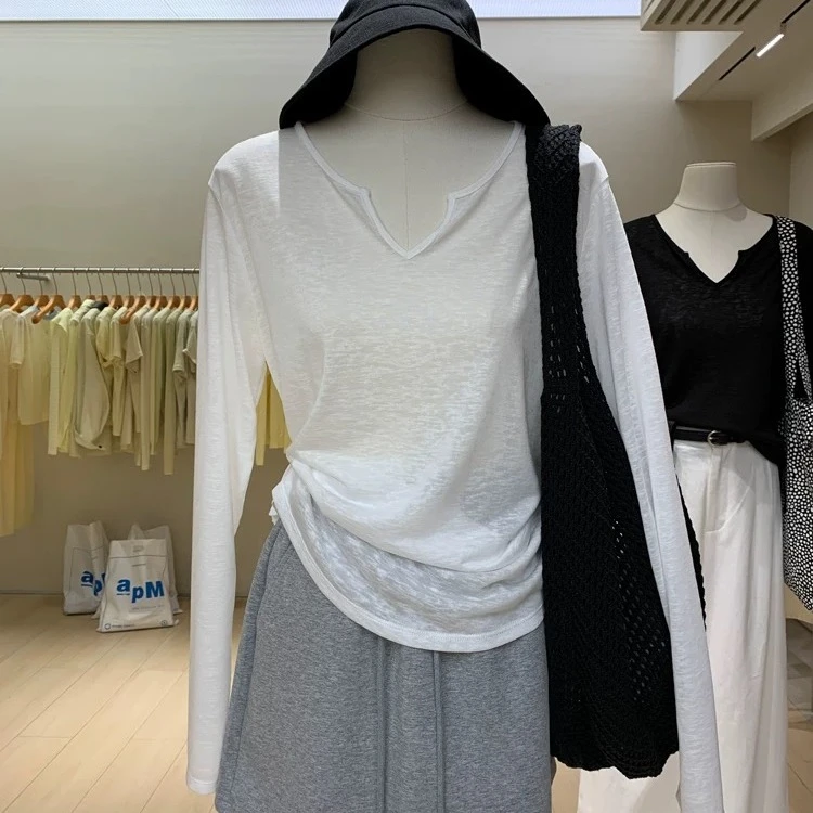 莱赛尔天丝~V领长袖T恤女夏季轻薄宽松休闲雪花棉冰感防晒衫