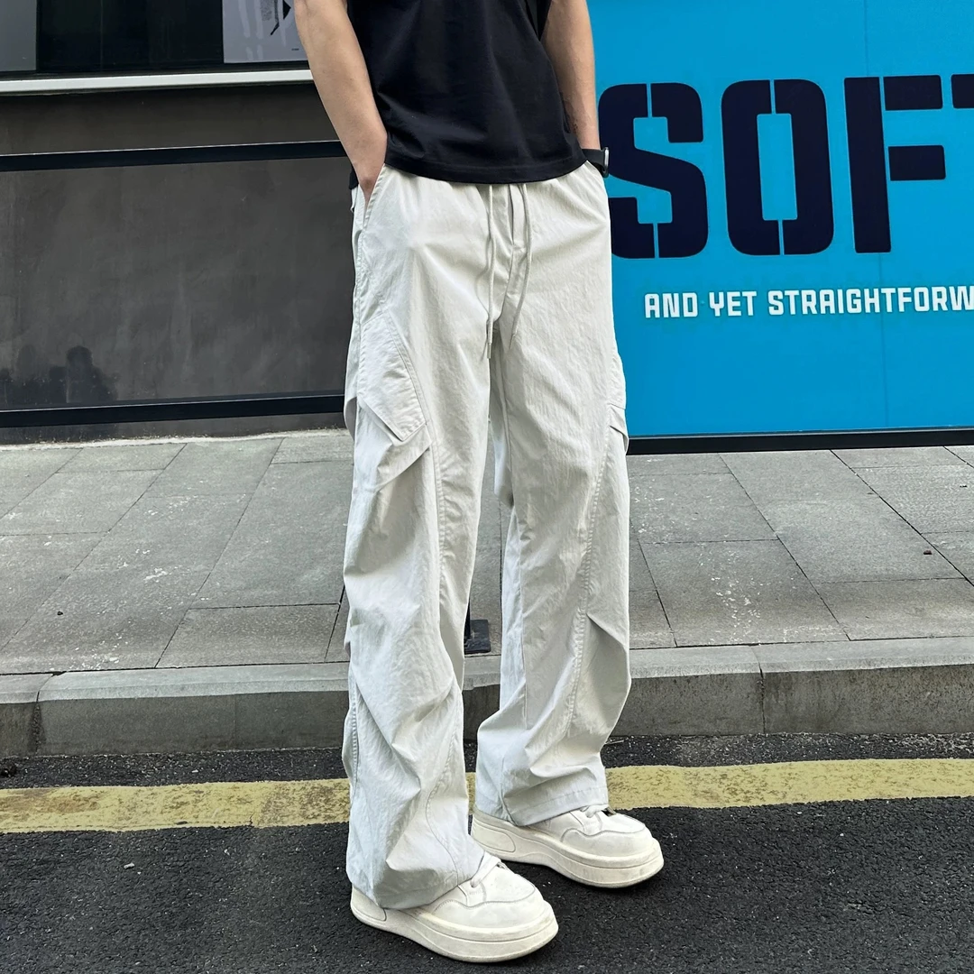 美式高街褶皱潮流直筒休闲裤冲锋裤男秋季宽松户外工装裤速干长裤