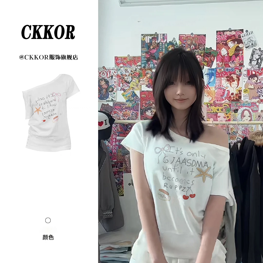 CKKOR夏季新款斜肩短袖t恤女韩版时尚设计款穿搭洋气休闲装上衣服
