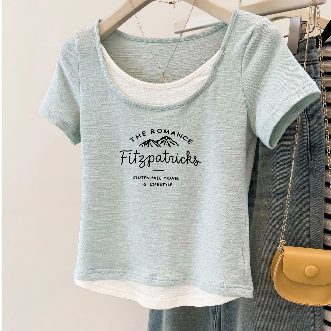 假两件肌理感正肩短袖t恤女夏季2025新款设计感修身显瘦短上衣