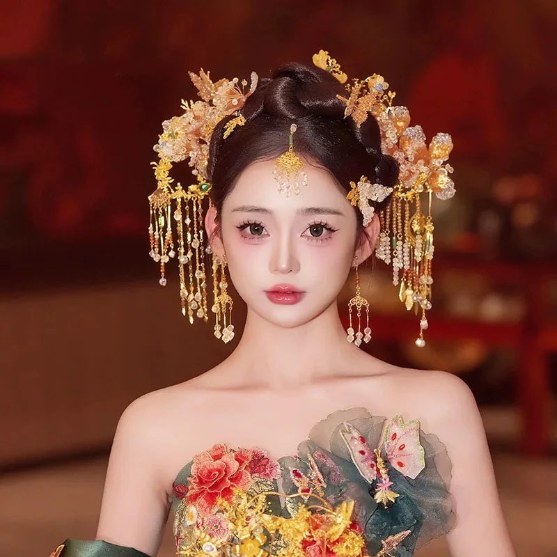 中式浅色新中式金色花朵水晶眉心坠蝴蝶新娘秀禾头饰20250217