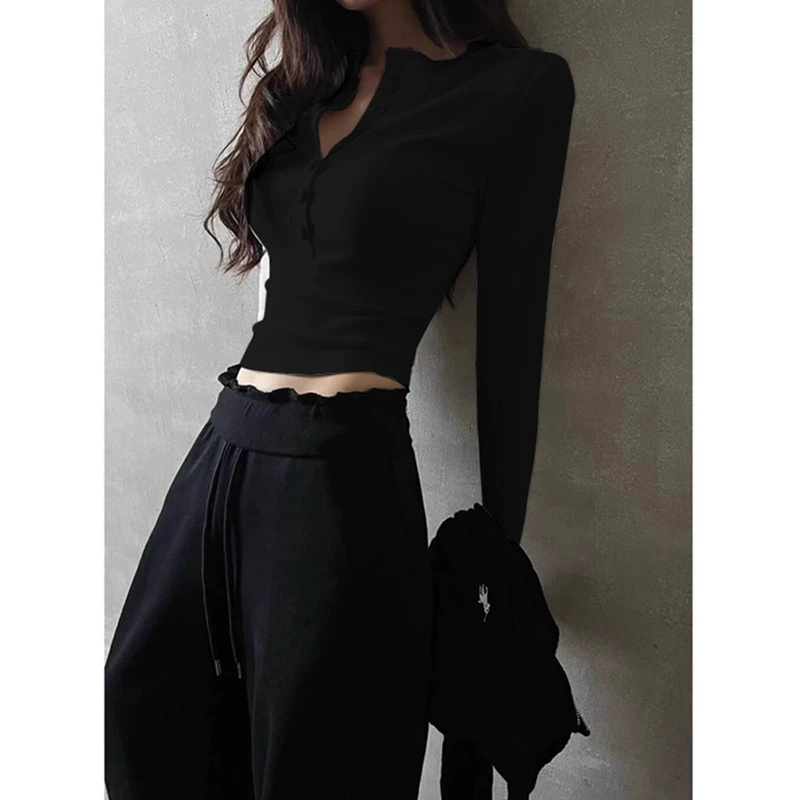 韩系半开领正肩t恤女长袖早秋季修身紧身辣妹内搭打底衫短款上衣