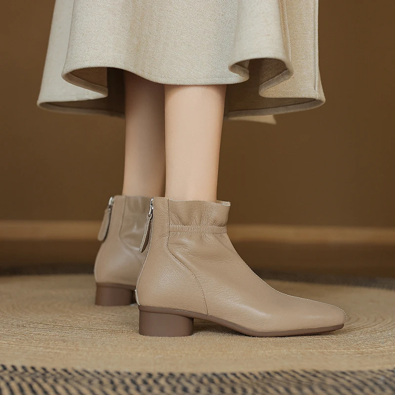 跟高3cm/34-39羊/秋冬粗跟中跟极简风芒果头拉链短靴靴子秋季气质
