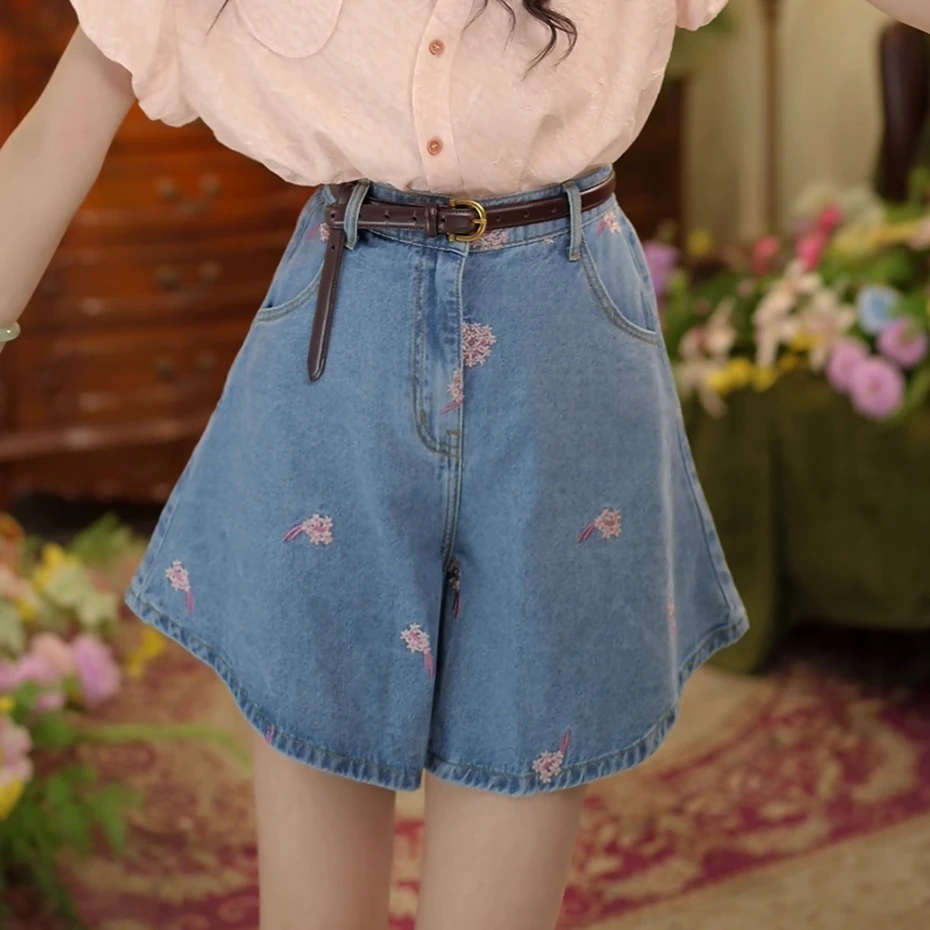 扣子家【古早】港风复古刺绣高腰牛仔短裤夏季宽松阔腿裤KS1115078