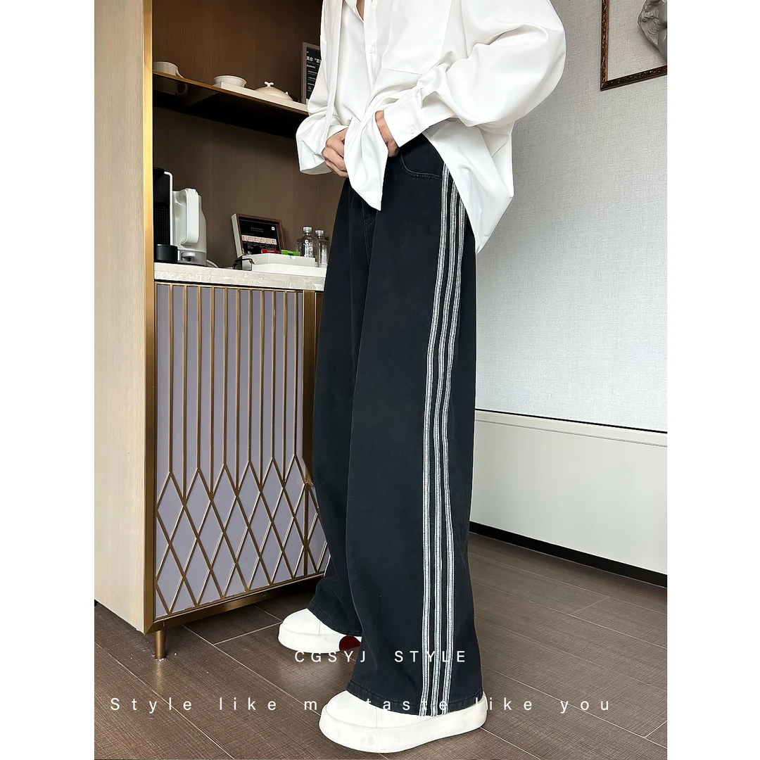 牛仔裤男秋冬加绒潮牌宽松复古三条杠直筒裤休闲百搭阔腿长裤