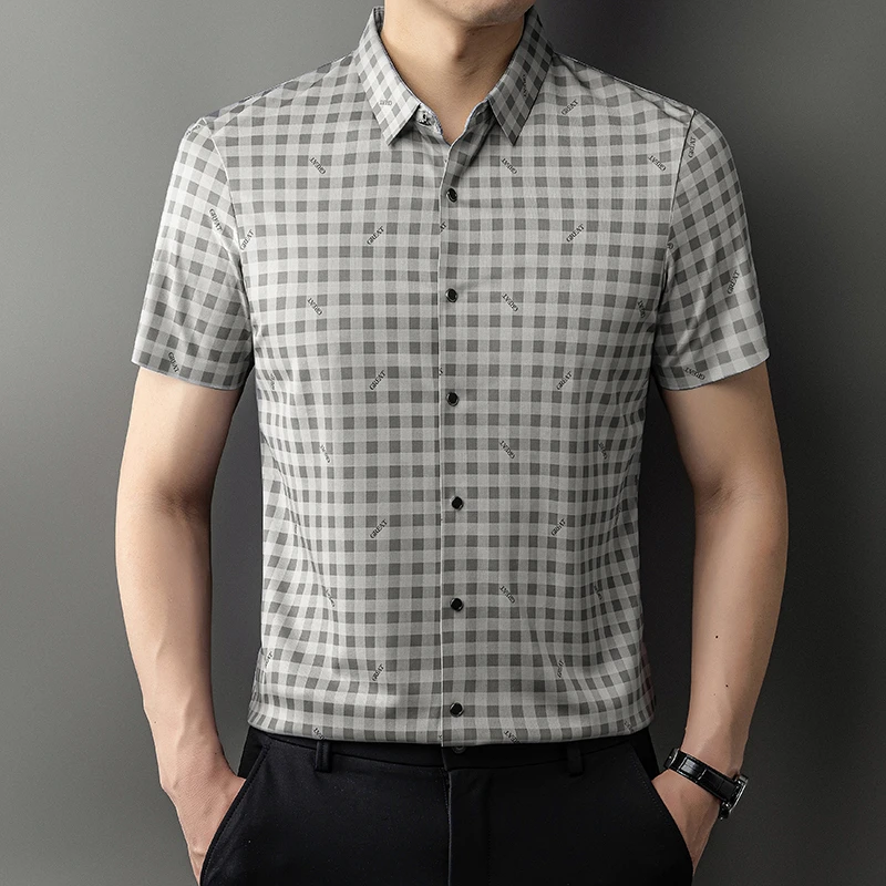 夏季男士商务休闲时尚百搭男士短袖衬衫高档格子中年薄款凉爽衬衫
