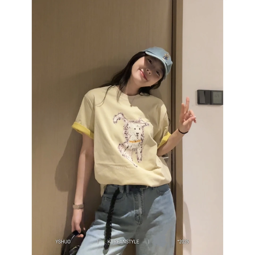 YSHUO【可爱修狗】圆领卡通狗狗卷袖宽松慵懒风高级拼色短袖T恤8929