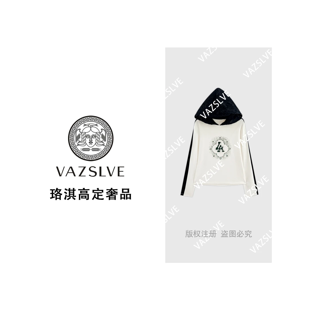 【VAZSLVE/珞淇高定】烫钻字母提花休闲宽松时尚连帽T恤T9822