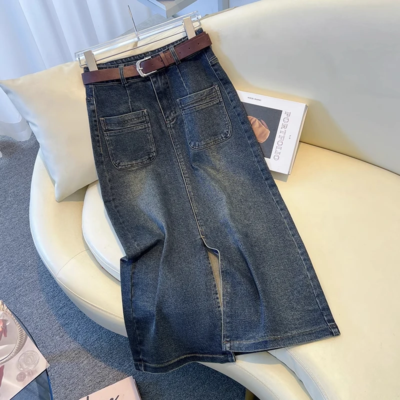 拉夏贝尔牛仔半身裙女2025新款夏季薄款超好看复古前开叉a字半裙