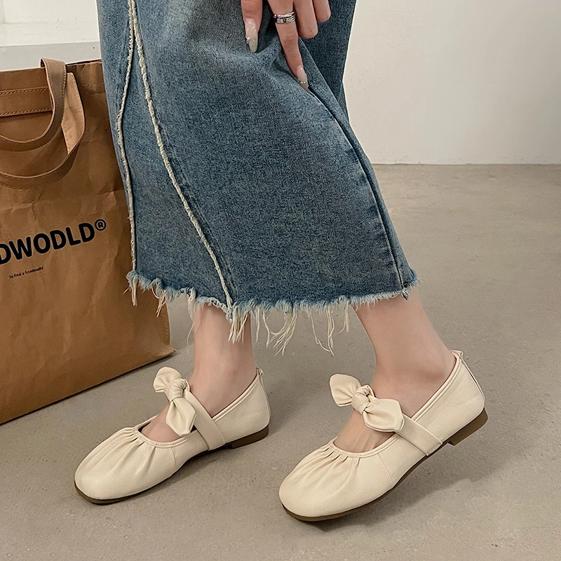 小香风蝴蝶结底单鞋夏韩版浅口中跟豆豆鞋包头复古圆头秋季女鞋