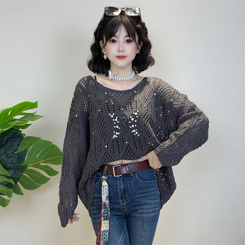 迪否镂空钉珠针织衫女2025新款时尚百搭宽松慵懒风上衣2240