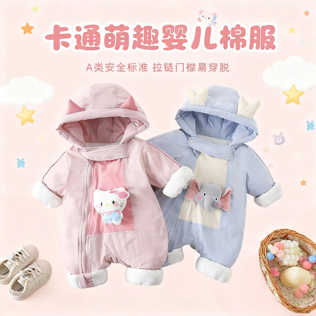 HJ薄棉婴儿冲锋衣连体衣洋气卡通连帽秋冬装男女宝宝爬服ZPQ4328