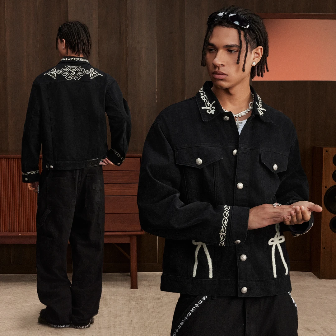 STK SmallTownKid 民族风西兰卡普花藤刺绣牛仔夹克男女潮流外套