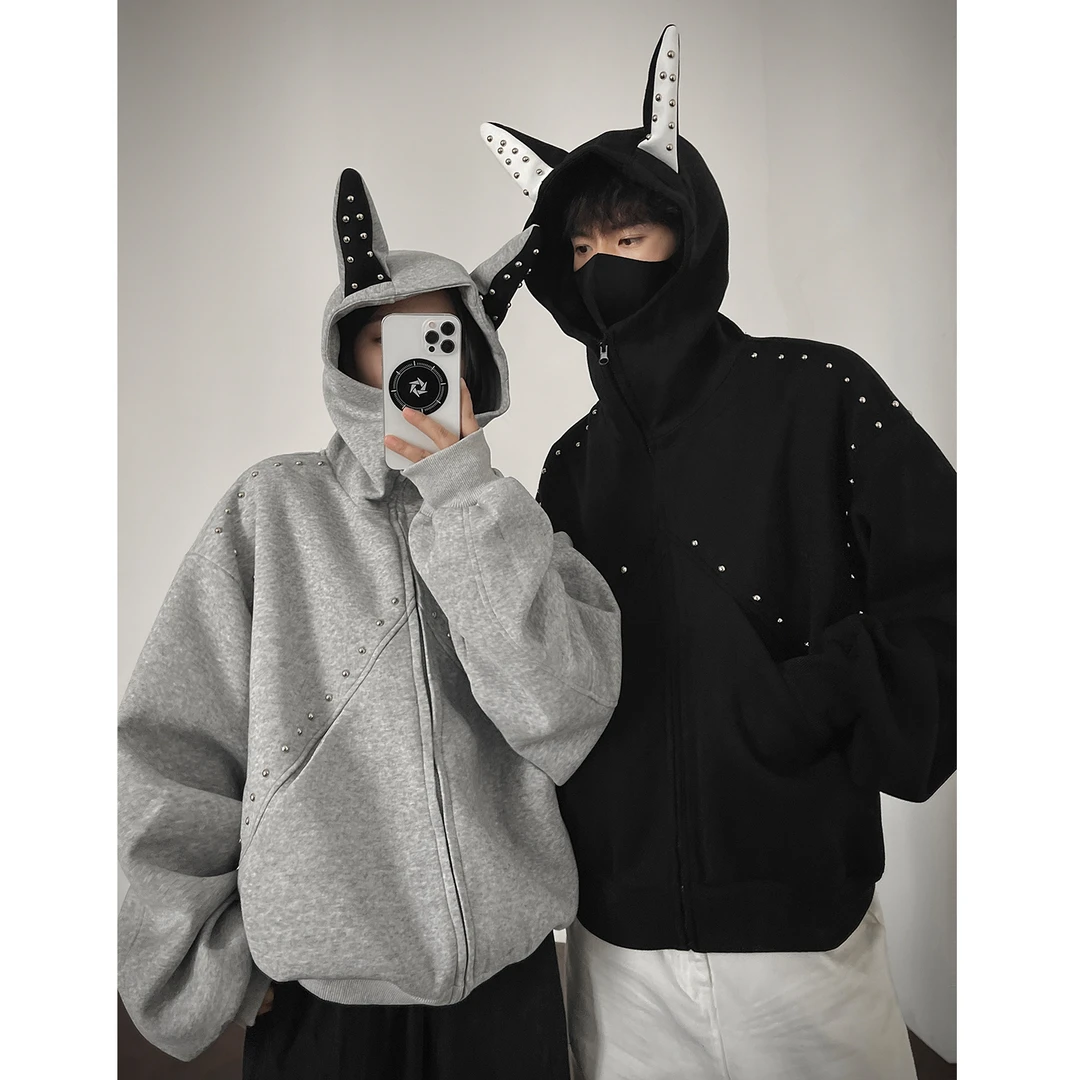 500g重磅美式拼接铆钉杜宾犬耳朵连帽卫衣男女潮牌高级感情侣外套