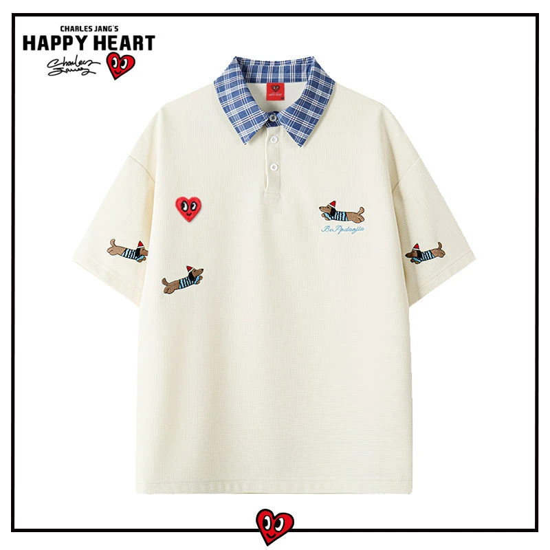 查尔斯桃心×腊肠狗假两件POLO衫短袖T恤男情侣款宽松休闲半袖上衣
