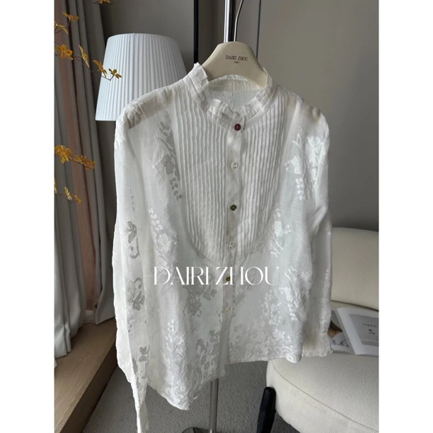 DAIRI  ZHOU▪️交换过的秘密   100麻打条蕾丝边精致刺绣衬衫优雅