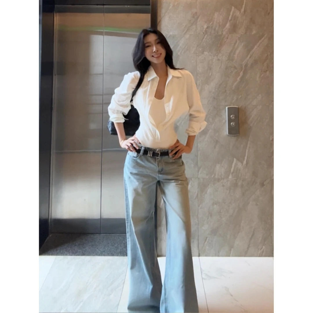 拼接假两件polo领长袖衬衫女早秋修身收腰衬衣白色上衣纯欲连体衣