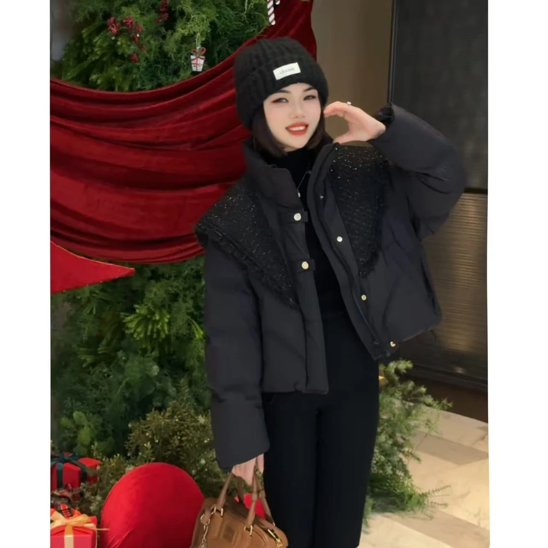 【海军领小香羽绒】冬季 气质编织名媛风羽绒服 毛边粗花呢外套