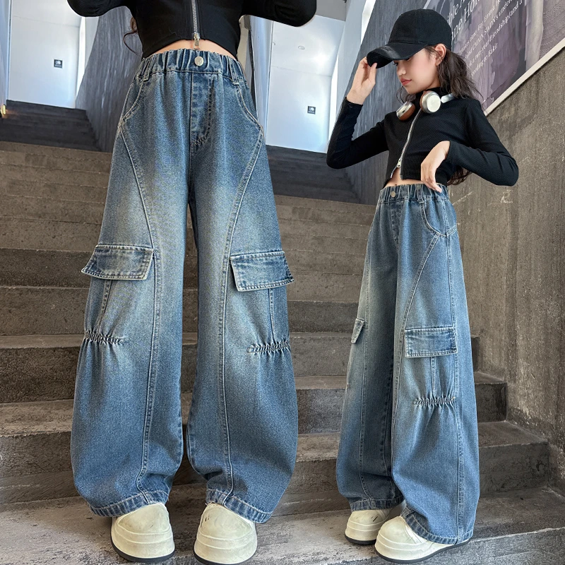 女童牛仔裤子秋季休闲装显瘦高腰百搭宽松老爹裤春秋中大童工装裤