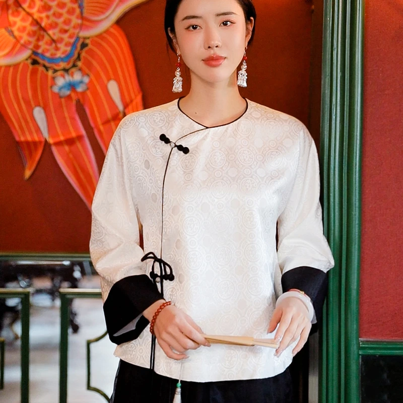 复古日记（需干洗）复古日记100桑蚕丝中式圆领国风女上衣241W521