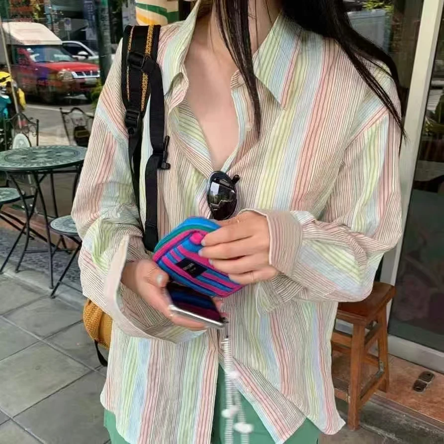 【彩色条纹】张丹丹新款拼色彩条纹宽松休闲百搭宽松衬衫