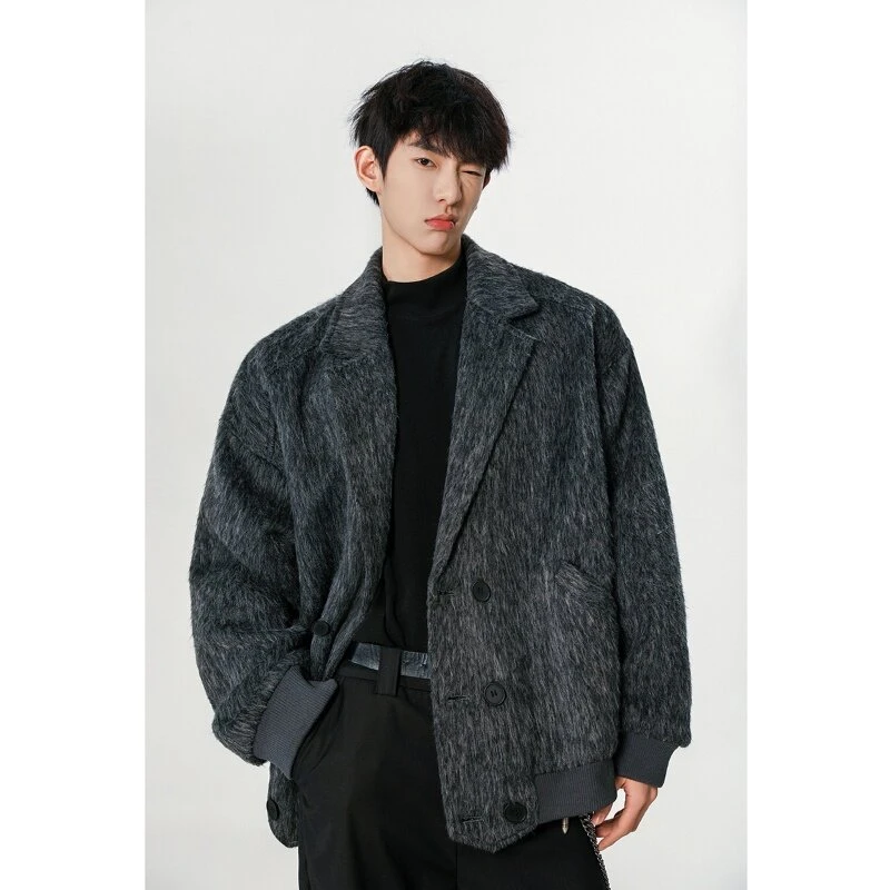 深灰色短款毛呢外套男秋冬季设计感美式潮牌加厚保暖痞帅呢子大衣