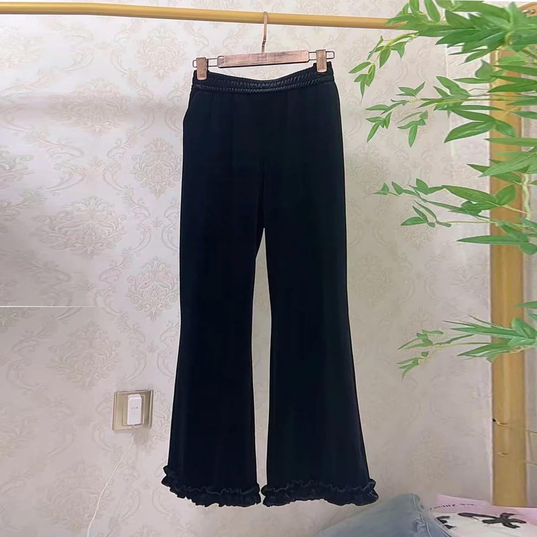 大聪秋季新款丝绒花边裤大码胖mm显瘦垂感直筒裤200斤九分裤8905