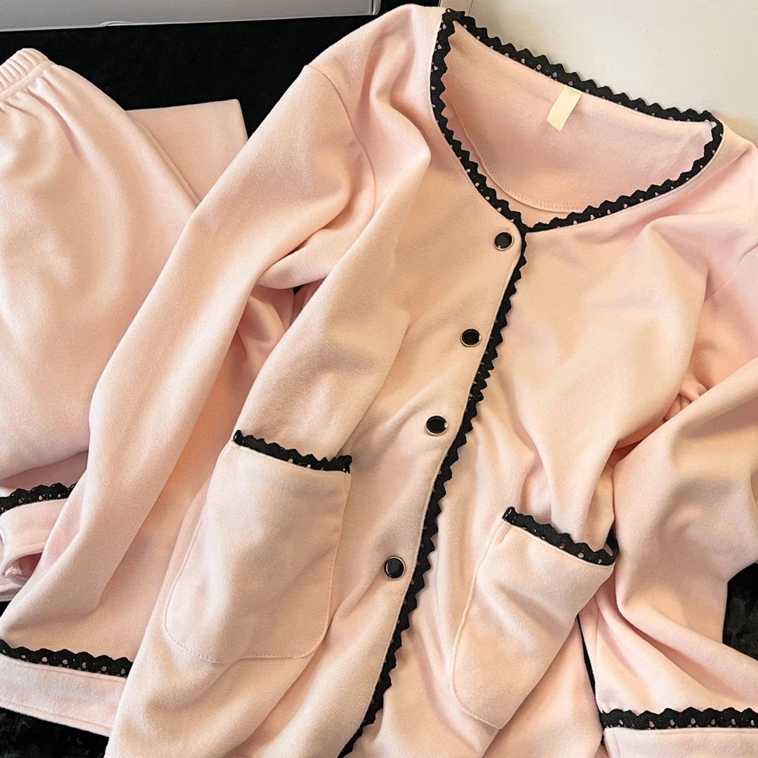 140-160小个子樱花粉高级感新款德绒保暖长袖睡衣秋冬季保暖睡衣