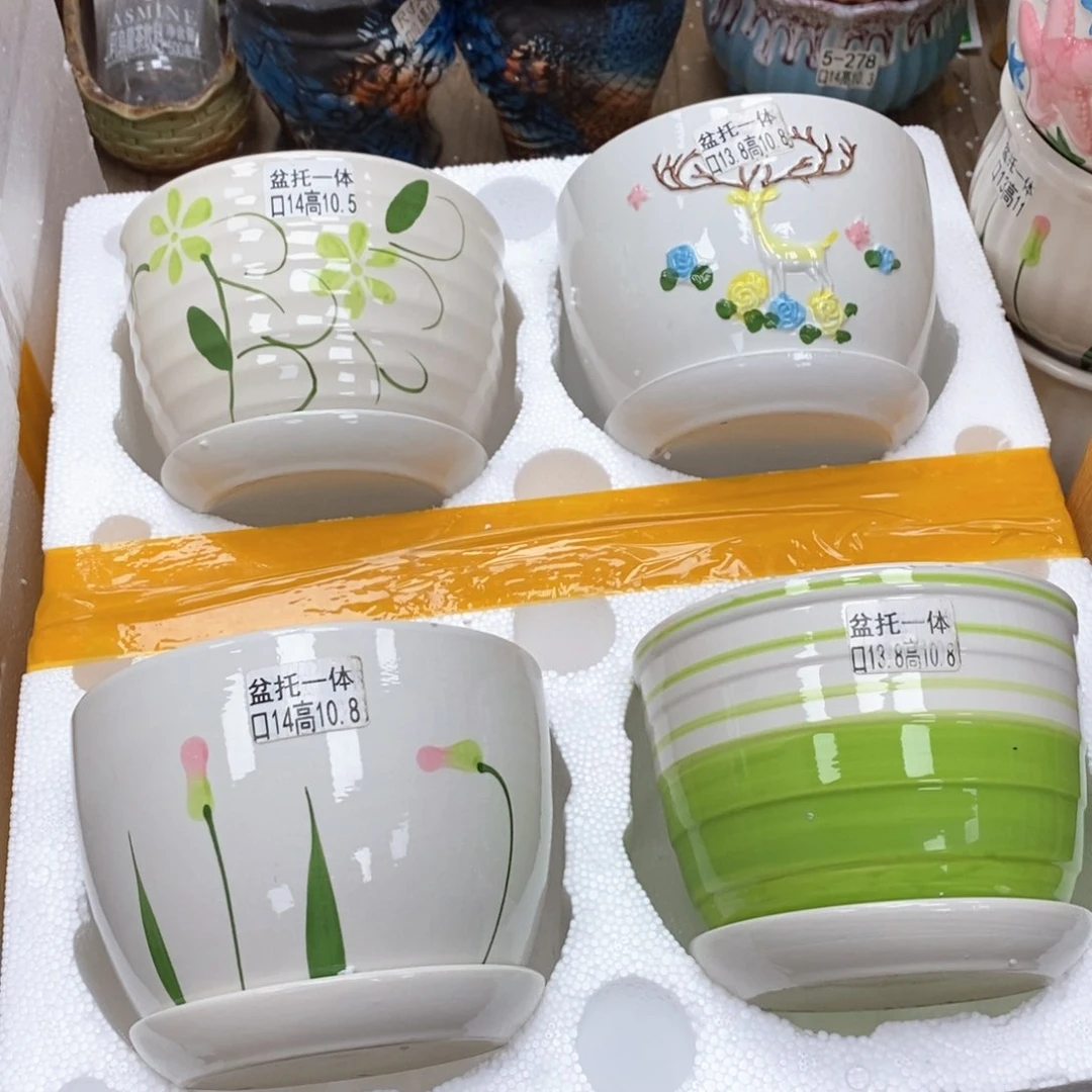陶瓷@陶瓷花盆@@四个手绘