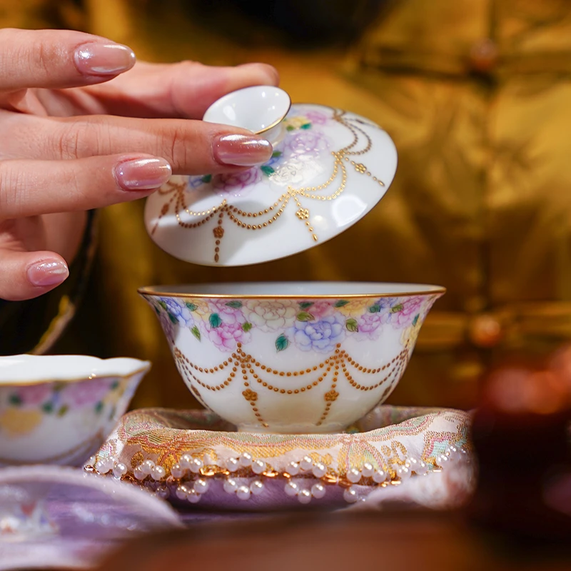 【伴斤茶舍】灵玺贡坊珐琅珠帘盖碗高档轻奢中式陶瓷白瓷描金珐琅彩
