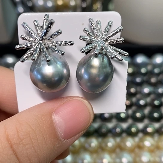 海水珍珠耳饰银S925镶嵌13-14