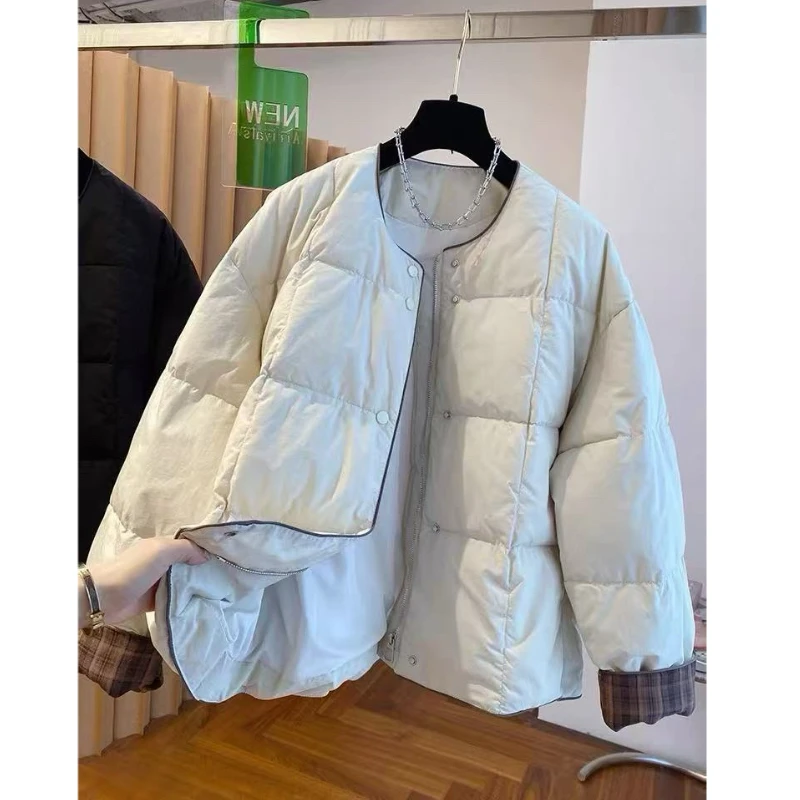 韩国韩版超好看无领棉服女冬季2025新款宽松格子拼接圆领夹棉外套