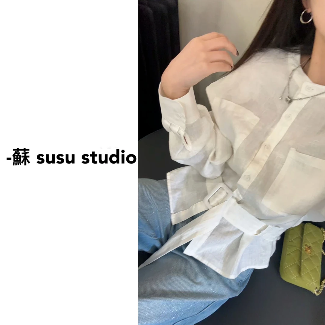 KF2589春季新款腰带衬衫女高级感上衣通勤亚麻上衣