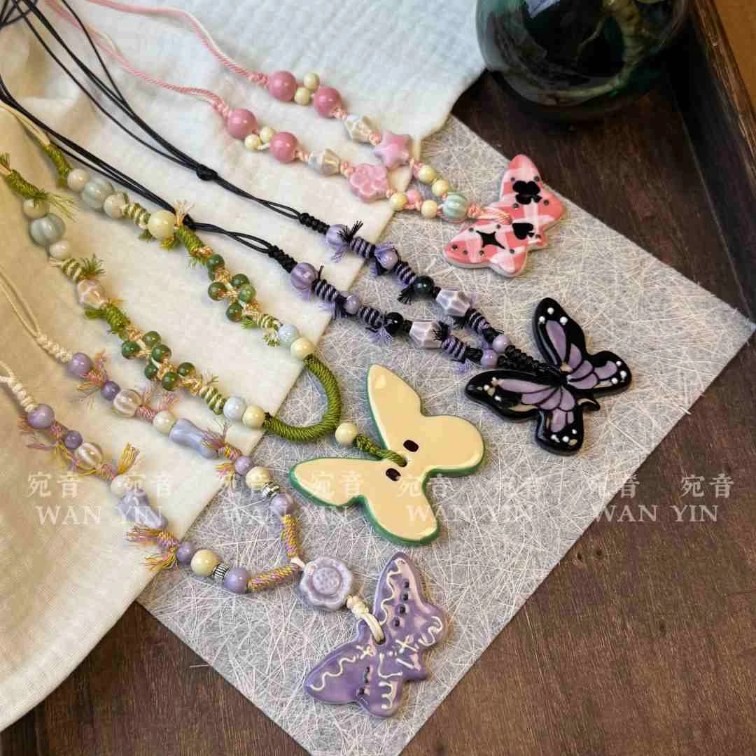 原创手绘陶瓷蝴蝶吊坠项链闺蜜秋冬小众重工毛衣链