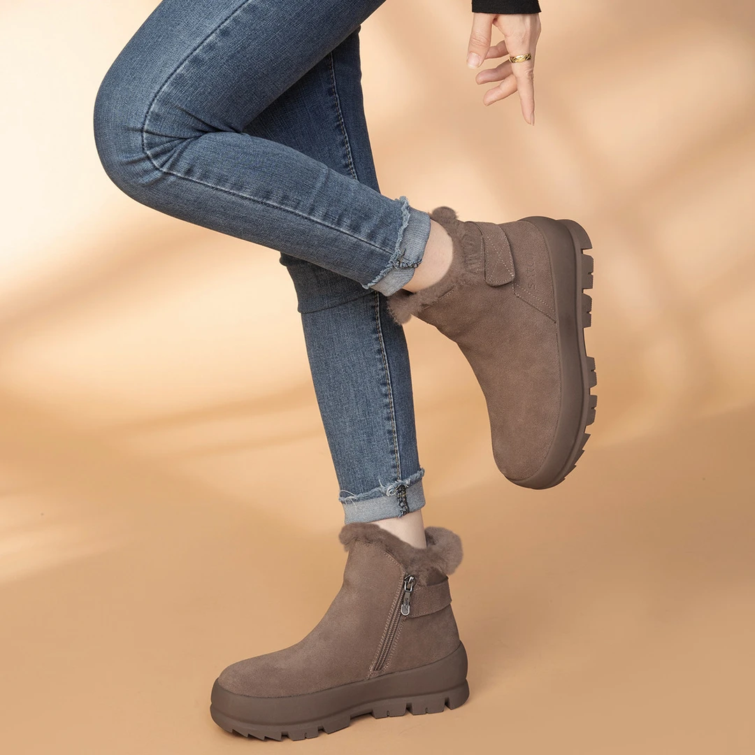 沙驰【保暖毛里】牛剖层皮切尔西雪地靴防寒保暖棉靴面包靴