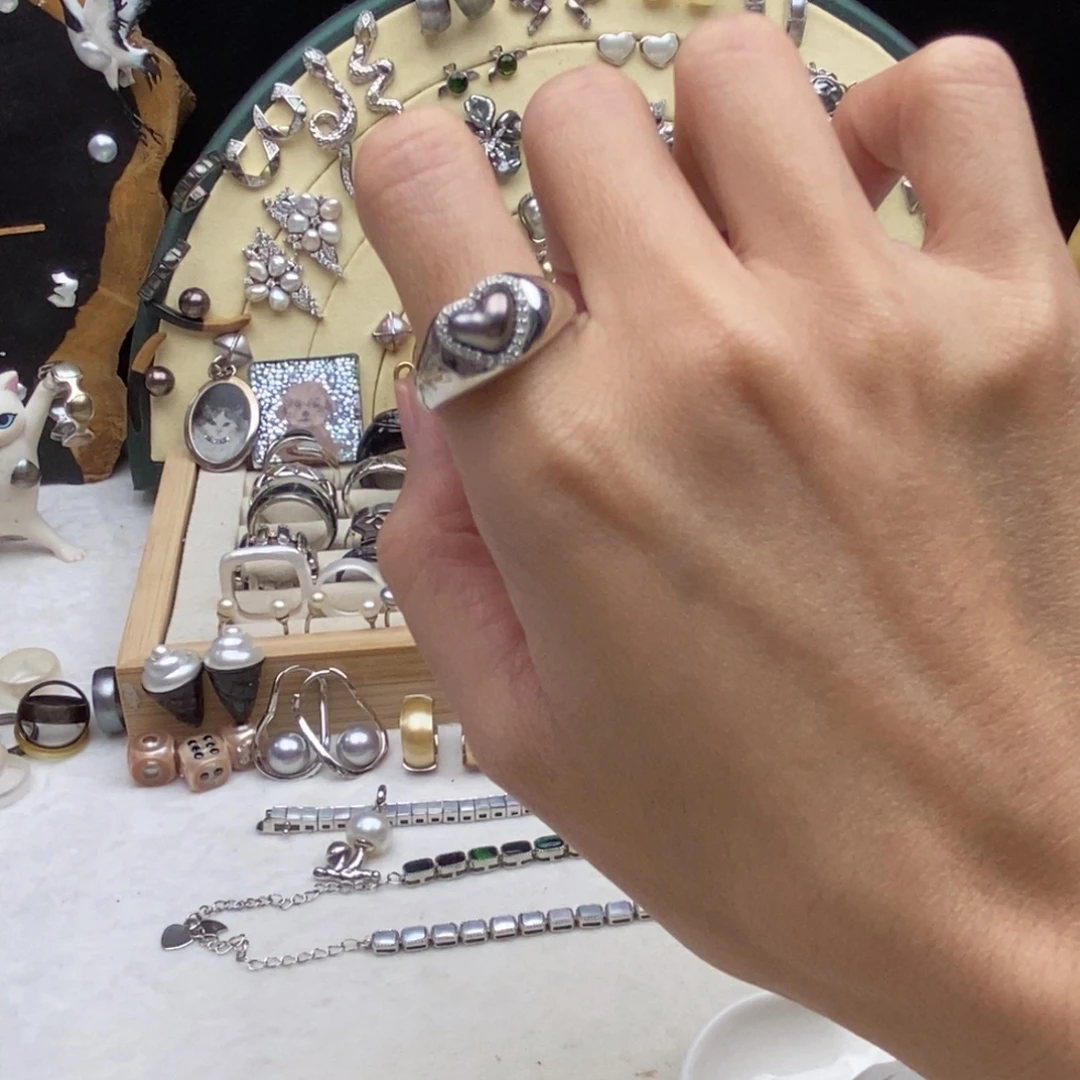 银S925镶嵌画框海水珍珠爱心大溪地keshi戒指16号