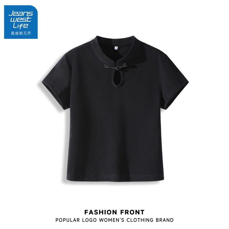 真维斯无界黑色盘扣短袖T恤女夏季修身韩版短款小个子新中式上衣